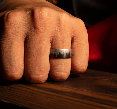 "Evergreen" Tree Design Surface with Whiskey Barrel Inner Ring Black Tungsten Carbide Ring 8mm