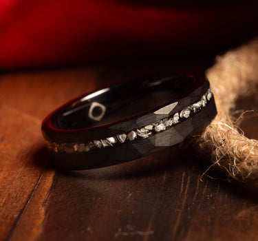 "Cosmic Noir" Meteorite Inlay, Tungsten Carbide, Hammered Design, women's wedding ring, 5mm