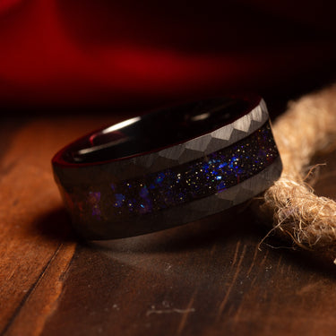 "Lover" Crushed Blue Sandstones Inlay, Black Tungsten Carbide, Hammered Design-8mm
