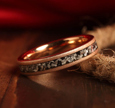 "Celestial" Meteorite Inlay, Rose Gold Tungsten Carbide, Women's Wedding Ring, 4mm Sandblasted Design