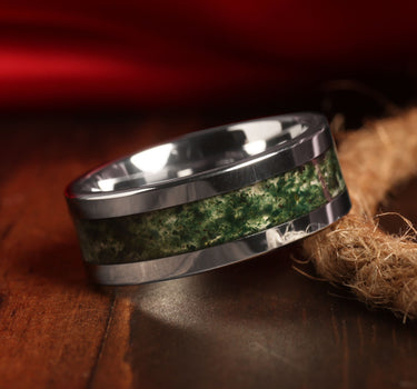 "Enchanted" Moss Agate, Silver Tungsten Carbide, Polished Finish, Men's Wedding Ring-8mm