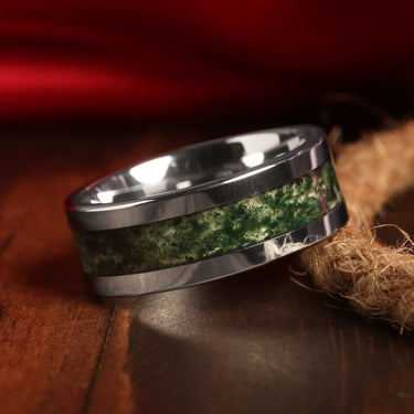 "Enchanted" Moss Agate, Silver Tungsten Carbide, Polished Finish, Men's Wedding Ring-8mm