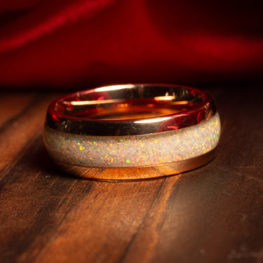 "Sparkling Opal" Crushed White Opal Inlay, Tungsten Carbide, Rose Gold, Dome Polished-8mm